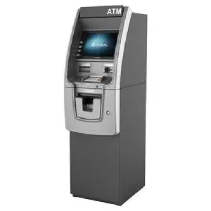 A silver atm machine with its door open.