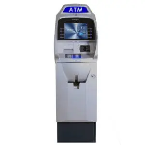 A white atm machine with a large screen.