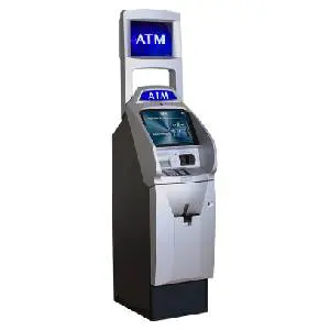 A white atm machine with blue sign on it.