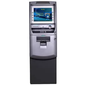 A silver atm machine with a large screen.