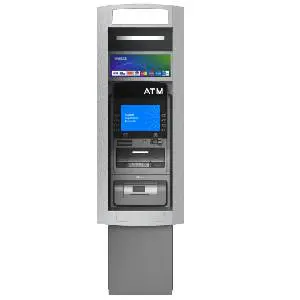 A silver atm machine with the top of it open.