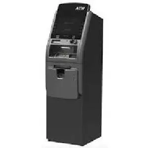 A black atm machine with its door open.