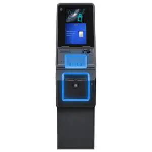 A large blue and black atm machine with lights on it.