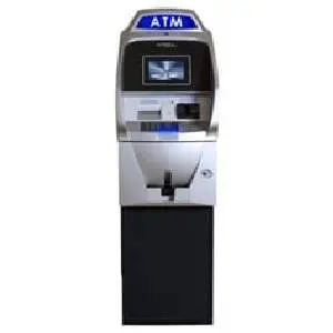 A silver atm machine with a blue screen.