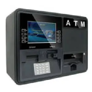 A black atm machine with a screen on the front.